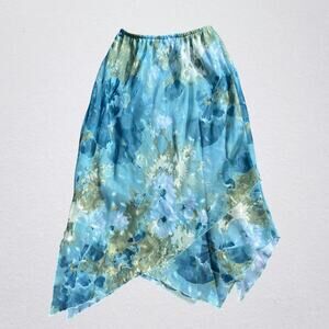 Blue green floral asymmetrical hem midi skirt fairycore castlecore cottage boho